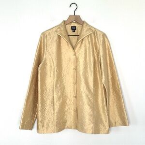 Eileen Fisher Gold Crinkled 100% Silk Top Jacket Blouse Button Front SZ PL Lux